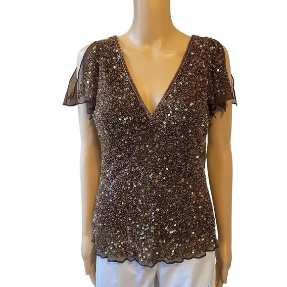 VTG Scala Silk Sequins V Neck Whimsigoth Fairy Lady 12 Evening Party Blouse Top - Picture 1 of 12